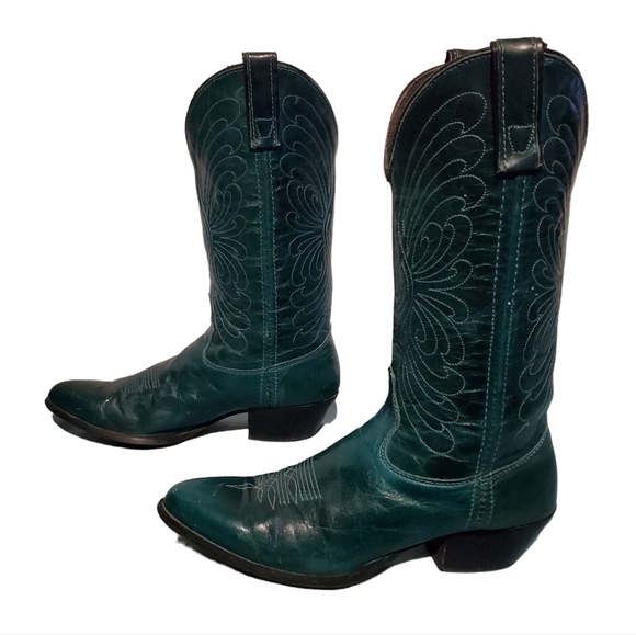 Vintage Green Leather Cowboy Western Boots Women's Size 7.5M, Made In U.S.A. - Picture 2 of 11